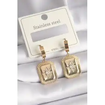 316L Çelik Gold Renk Zirkon Taşlı Yıldız İşlemeli Kadın Küpe