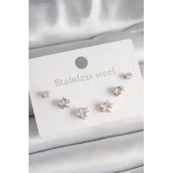 316L Çelik Gold Renk Zirkon Taşlı Yıldız Model Kadın Küpe Seti
