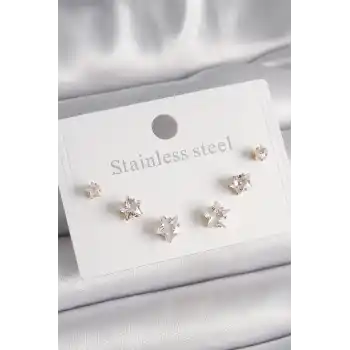 316L Çelik Gold Renk Zirkon Taşlı Yıldız Model Kadın Küpe Seti