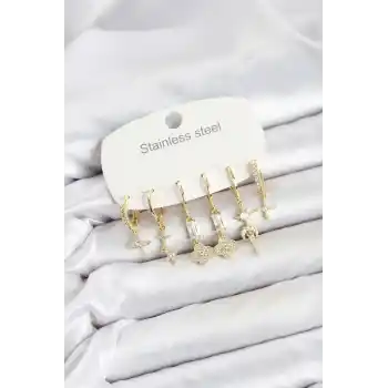 316L Çelik Gold Renk Zirkon Taşlı Yonca Detaylı Kadın Küpe Seti