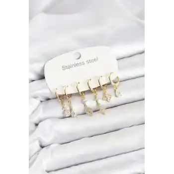 316L Çelik Gold Renk Zirkon Taşlı Yonca Model Kadın Küpe Seti