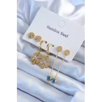316L Çelik Gold Renk Zirkon Taşlı Yonca Model Kadın Küpe Seti