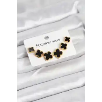 316L Çelik Gold Siyah Renk 3 Boy Yonca Küpe Seti