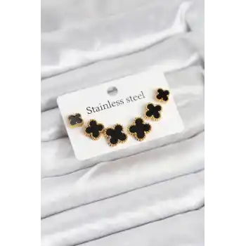 316L Çelik Gold Siyah Renk 3 Boy Yonca Küpe Seti