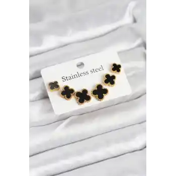 316L Çelik Gold Siyah Renk 3 Boy Yonca Küpe Seti