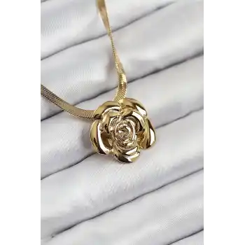 316L Çelik Gül Figürlü İtalyan Zincir Model Gold Renk Kadın Kolye