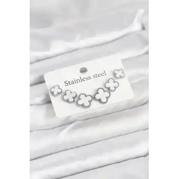 316L Çelik Gümüş Beyaz Renk 3 Boy Yonca Küpe Seti