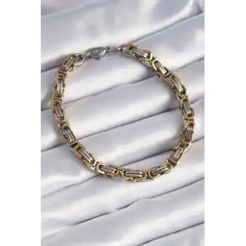 316L Çelik Gümüş Gold Renk Kral Zincir Model Erkek Bileklik