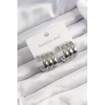 316L Çelik Gümüş Renk 3lü Görünüm Bombe Model Yarım Halka Küpe