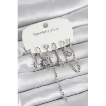 316L Çelik Gümüş Renk 6lı Set Charmlı Kadın Küpe