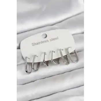 316L Çelik Gümüş Renk 6lı Set Geometrik Model Kadın Küpe