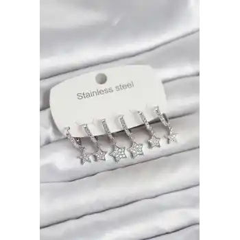 316L Çelik Gümüş Renk 6lı Set Yıldız Model Kadın Küpe