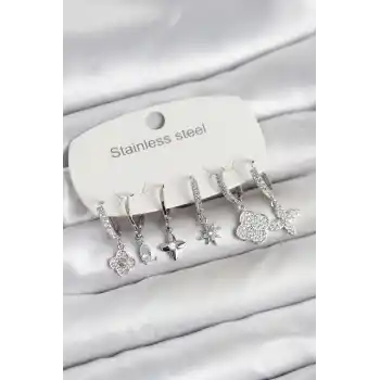 316L Çelik Gümüş Renk 6lı Set Yonca Model Kadın Küpe
