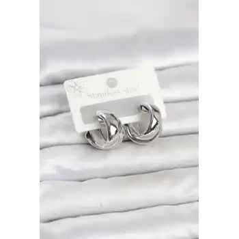 316L Çelik Gümüş Renk Asimetrik Halka Model Kadın Küpe