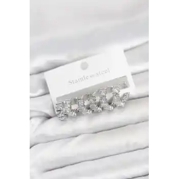 316L Çelik Gümüş Renk Baget Zirkon Taşlı Halka Küpe Seti