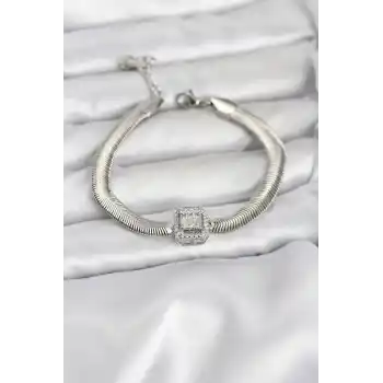 316L Çelik Gümüş Renk Baget Zirkon Taşlı Yılan Zincirli Kadın Bileklik