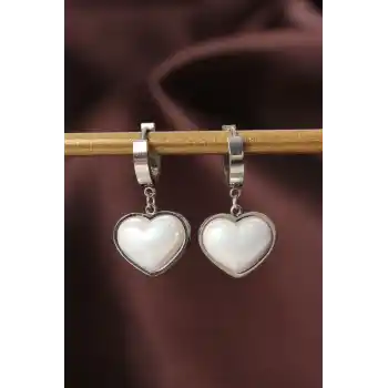 316L Çelik Gümüş Renk Beyaz Bombeli Kalp Küpe