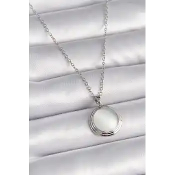 316L Çelik Gümüş Renk Beyaz Sedefli Daire Model Kadın Kolye