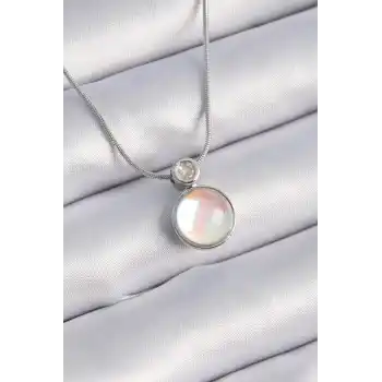 316L Çelik Gümüş Renk Beyaz Sedefli Vintage Model Kadın Kolye