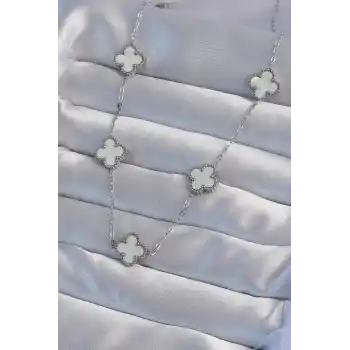 316L Çelik Gümüş Renk Beyaz Sedefli Yonca Kolye