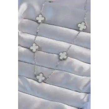 316L Çelik Gümüş Renk Beyaz Sedefli Yonca Kolye