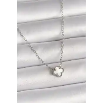 316L Çelik Gümüş Renk Beyaz Yonca Model Kadın Kolye