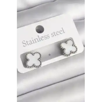 316L Çelik Gümüş Renk Beyaz Yonca Model Kadın Küpe