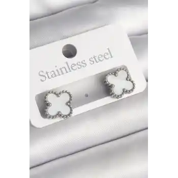 316L Çelik Gümüş Renk Beyaz Yonca Model Kadın Küpe