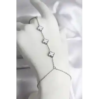 316L Çelik Gümüş Renk Beyaz Yonca Model Kadın Şahmeran