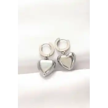 316L Çelik Gümüş Renk Bombeli Kalp Tasarımlı Küpe