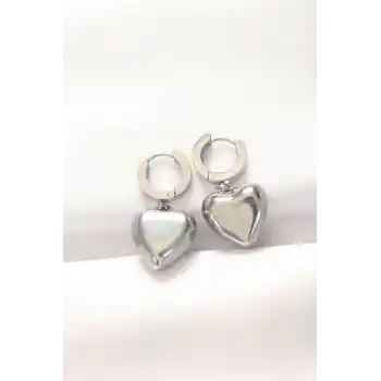316L Çelik Gümüş Renk Bombeli Kalp Tasarımlı Küpe