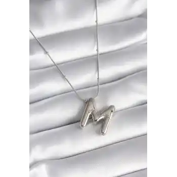 316L Çelik Gümüş Renk Bubble M Harf Model Kadın Kolye
