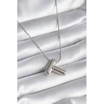 316L Çelik Gümüş Renk Bubble T Harf Model Kadın Kolye