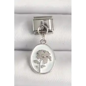316L Çelik Gümüş Renk Çiçek İşlemeli Beyaz Portre Model Nomination Charm