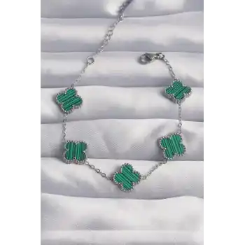 316L Çelik Gümüş Renk Çizgili Yeşil Mineli Yonca Bileklik