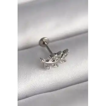316L Çelik Gümüş Renk Dal Model Zirkon Taş Detaylı Tragus Piercing