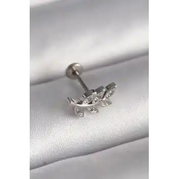 316L Çelik Gümüş Renk Dal Model Zirkon Taş Detaylı Tragus Piercing