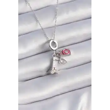 316L Çelik Gümüş Renk Eyfel Kule Fotoğraf Makinesi Model Charm Kadın Kolye