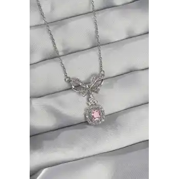 316L Çelik Gümüş Renk Fiyonk Detay Pembe Zirkon Taşlı Tektaş Kolye