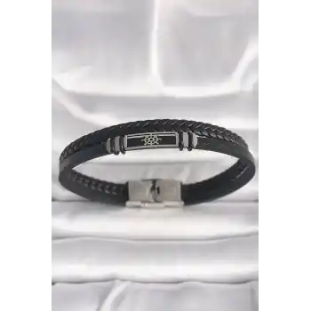 316L Çelik Gümüş Renk Gemi Dümeni Figür Siyah Burgu Deri Kordon Model Erkek Bileklik