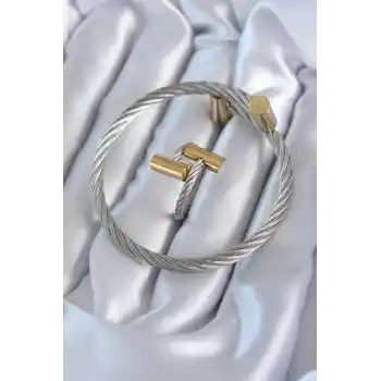 316L Çelik Gümüş Renk Gold Detay Sarmal Model Erkek Bileklik Yüzük Kombini