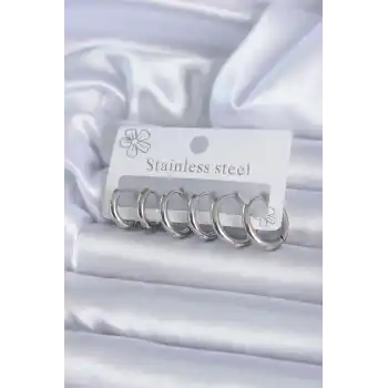 316L Çelik Gümüş Renk Halka Kadın Küpe Seti