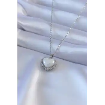 316L Çelik Gümüş Renk İncili Kalp Model Zirkon Taşlı Kadın Kolye