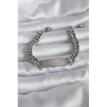 316L Çelik Gümüş Renk İsim Yazılabilir Plaka Model Kadın Bileklik