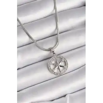 316L Çelik Gümüş Renk İtalyan Zincir Zirkon Taşlı Kutup Yıldız Model Kadın Kolye