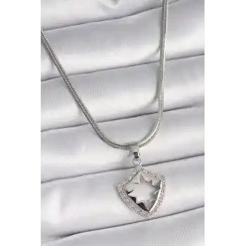 316L Çelik Gümüş Renk İtalyan Zincir Zirkon Taşlı Kutup Yıldızı İşleme Model Kadın Kolye
