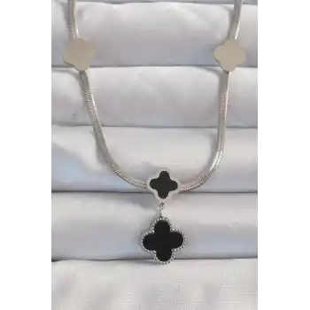 316L Çelik Gümüş Renk İtalyan Zincirli Mineli Yonca Kolye