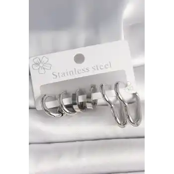 316L Çelik Gümüş Renk Kalp Halka Model Kadın Küpe Seti