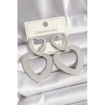 316L Çelik Gümüş Renk Kalp Model Kadın Küpe