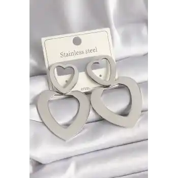 316L Çelik Gümüş Renk Kalp Model Kadın Küpe